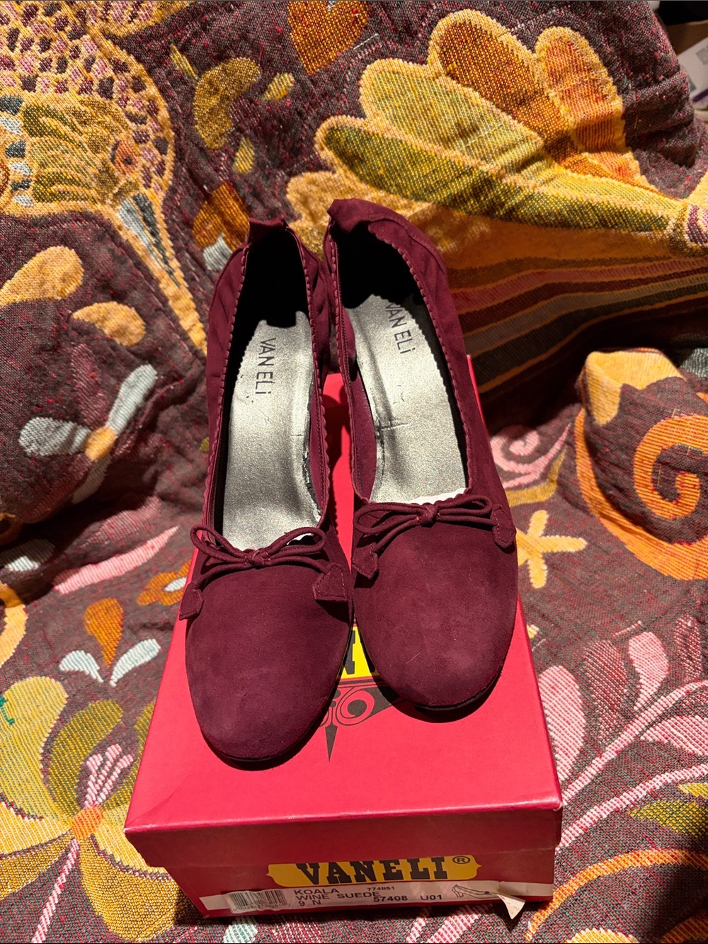 Vaneli Wine Burgundy Suede Bow Heels